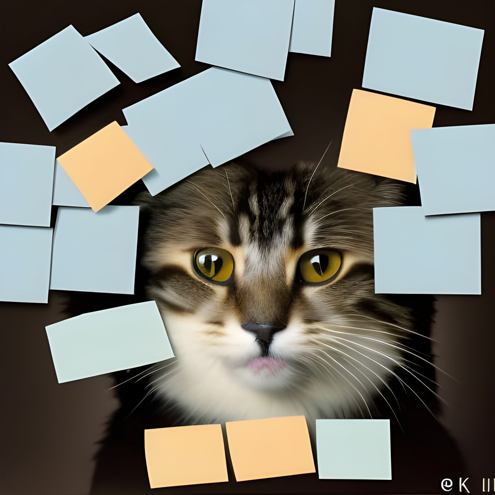 Fluffy Cat Portrait with Post-it Notes, Digital Art