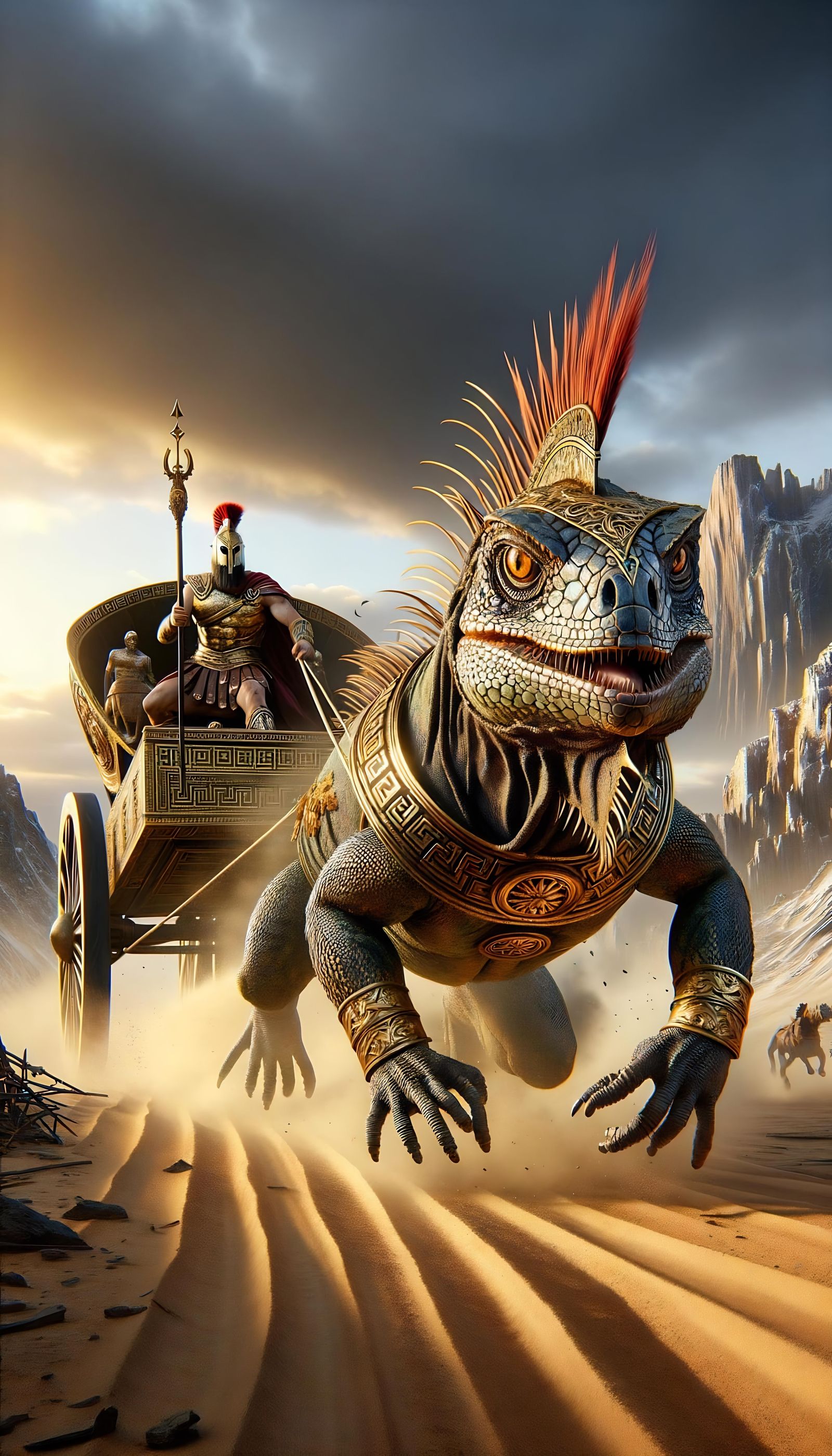 very realistic multi colored war iguana lizard, with armor, neck decorated in intricate gold and polished black iron arm...