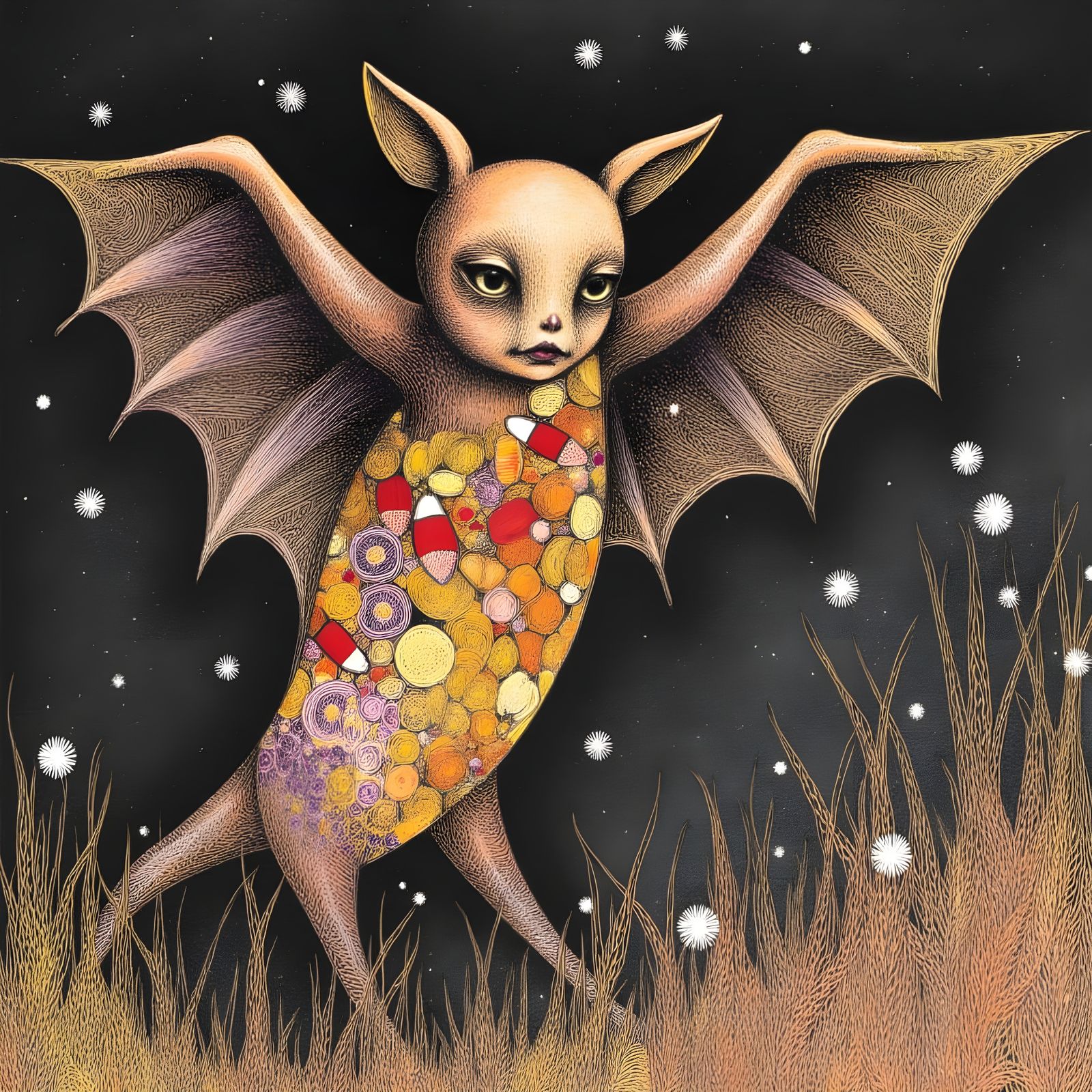 Whimsical Bat With Candy Corn Wings In Halloween Night