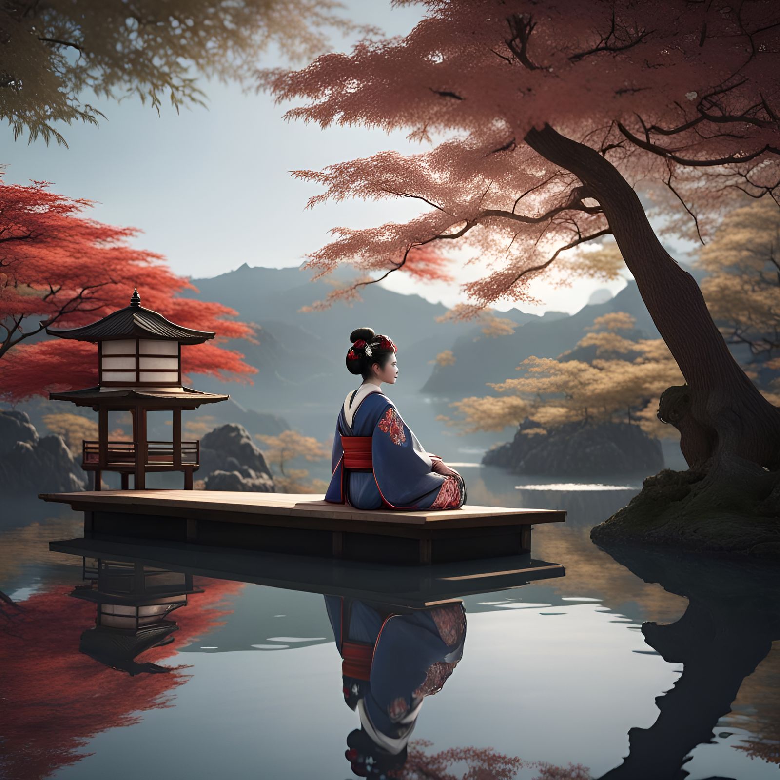 Geisha by Lake: Art Nouveau Portrait