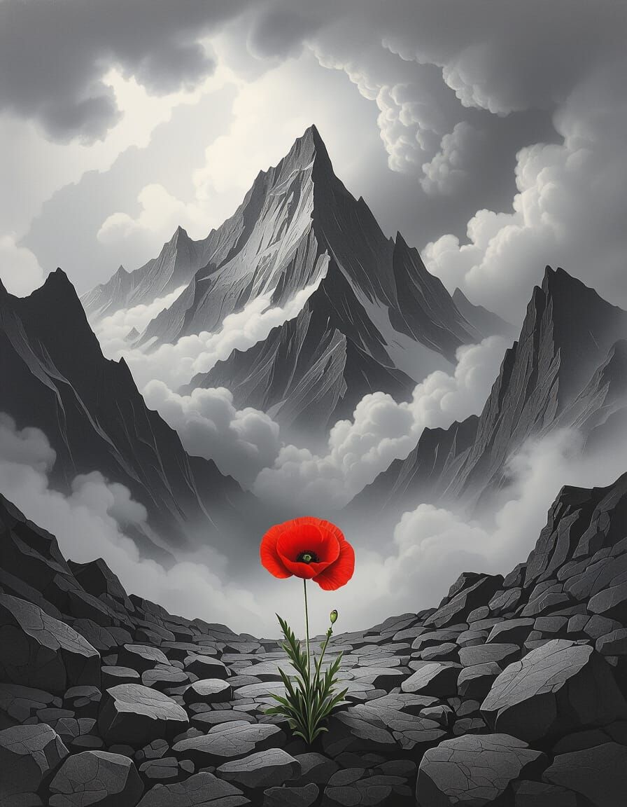Dramatic Black and White Mountain Landscape with Red Poppy