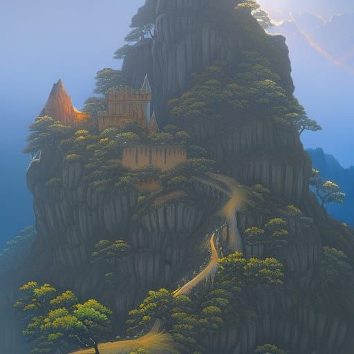 Secret Castle Above Chasm: Detailed Fantasy Painting