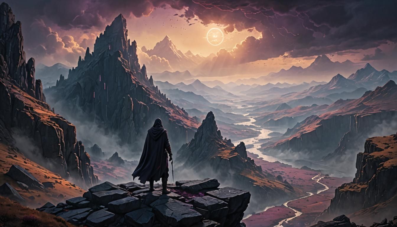 Hooded Figure in Mystical Landscape: Fantasy Concept Art
