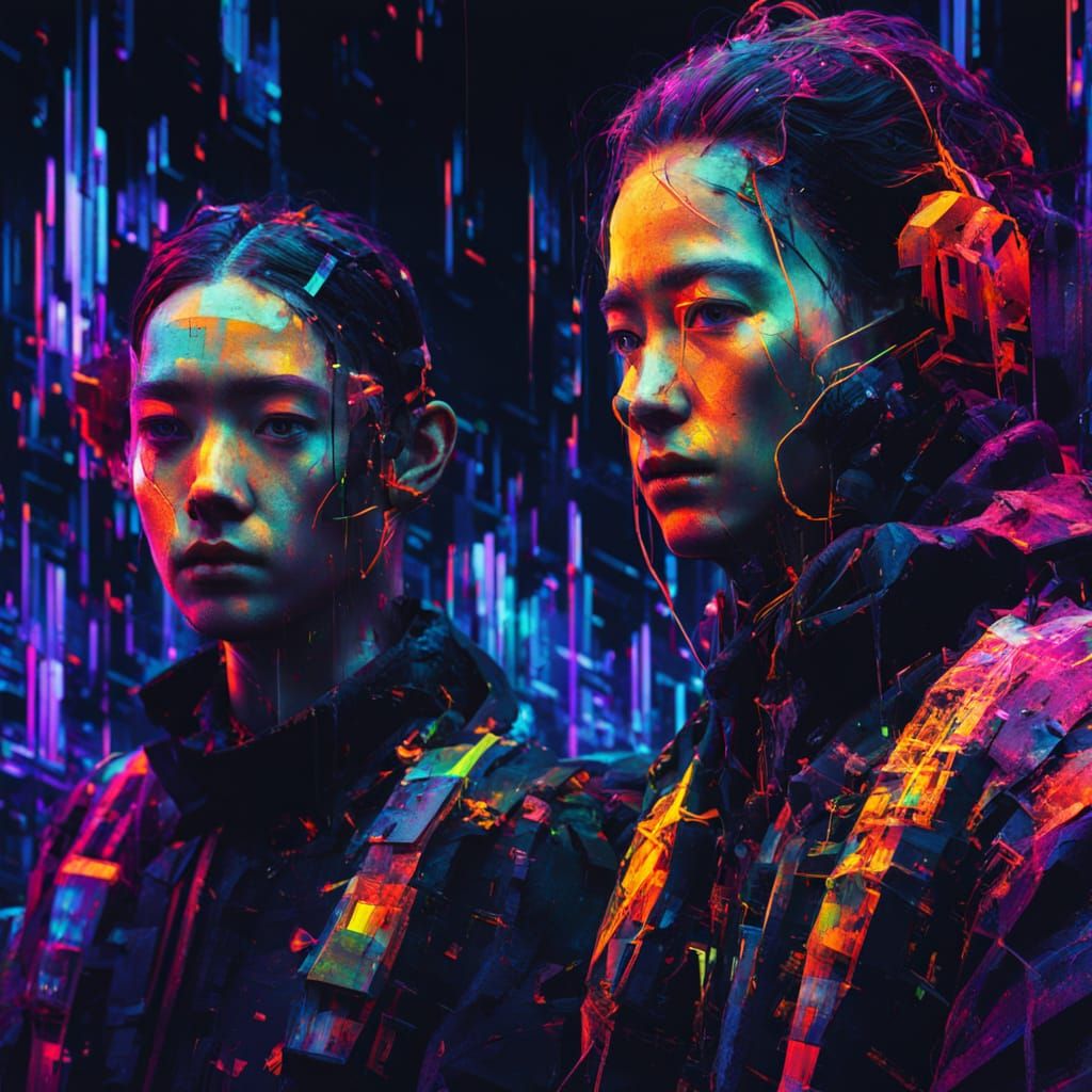 Entangled Glitchcore Figures in Digital Art Style