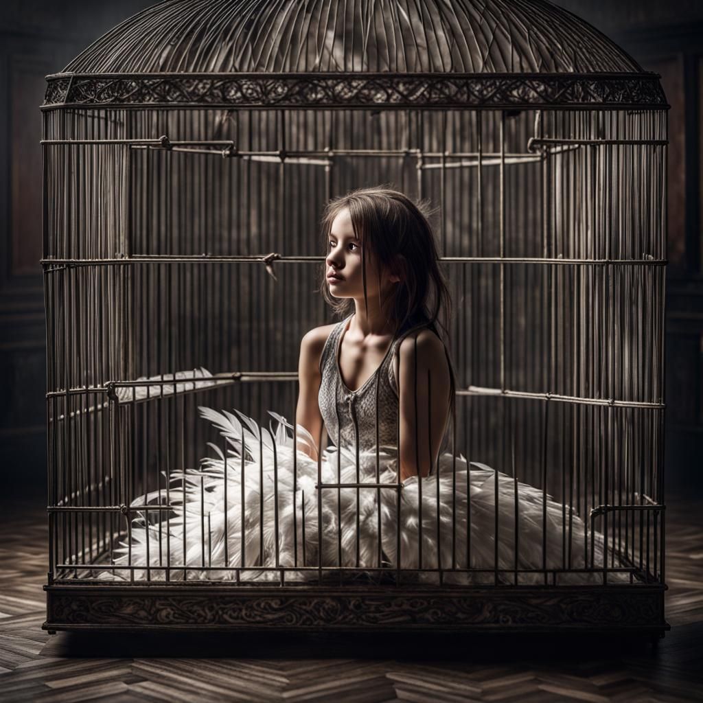 Girl in Birdcage with Feathered Body: Hyperrealistic Image