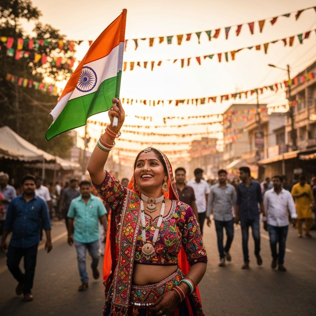 Celebrating Independence Day: Woman Waves Indian Flag