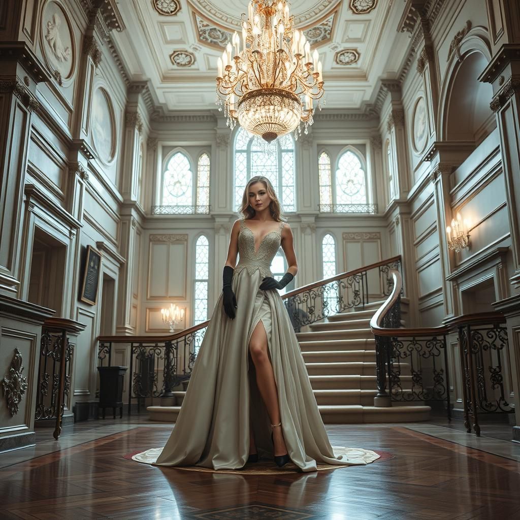 Elegant Model in Lavish Gown in Grand Mansion
