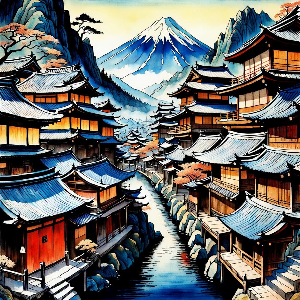 Japanese Village in Ukiyo-e Style