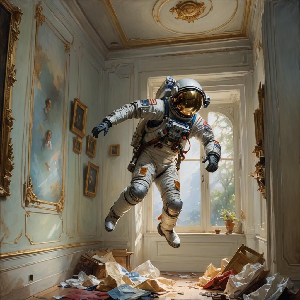Spaceman in Empty Room: Oil Painting
