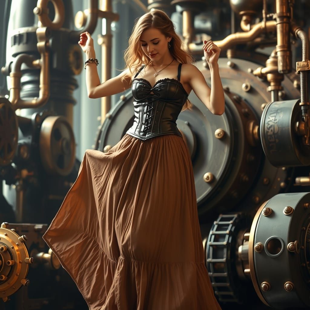 Steampunk Dancer with Brass Gears and Golden Light