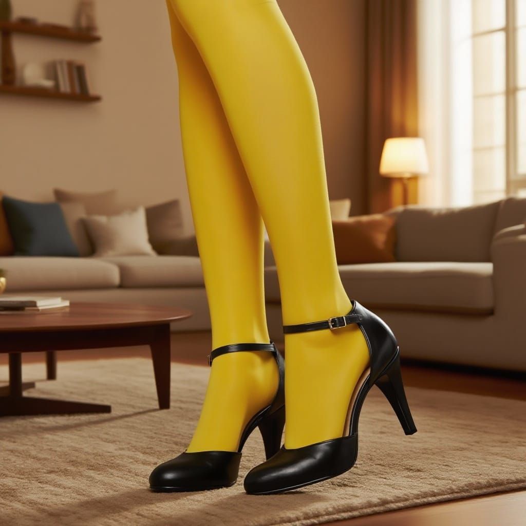 Shiny Yellow Tights and Black Heels