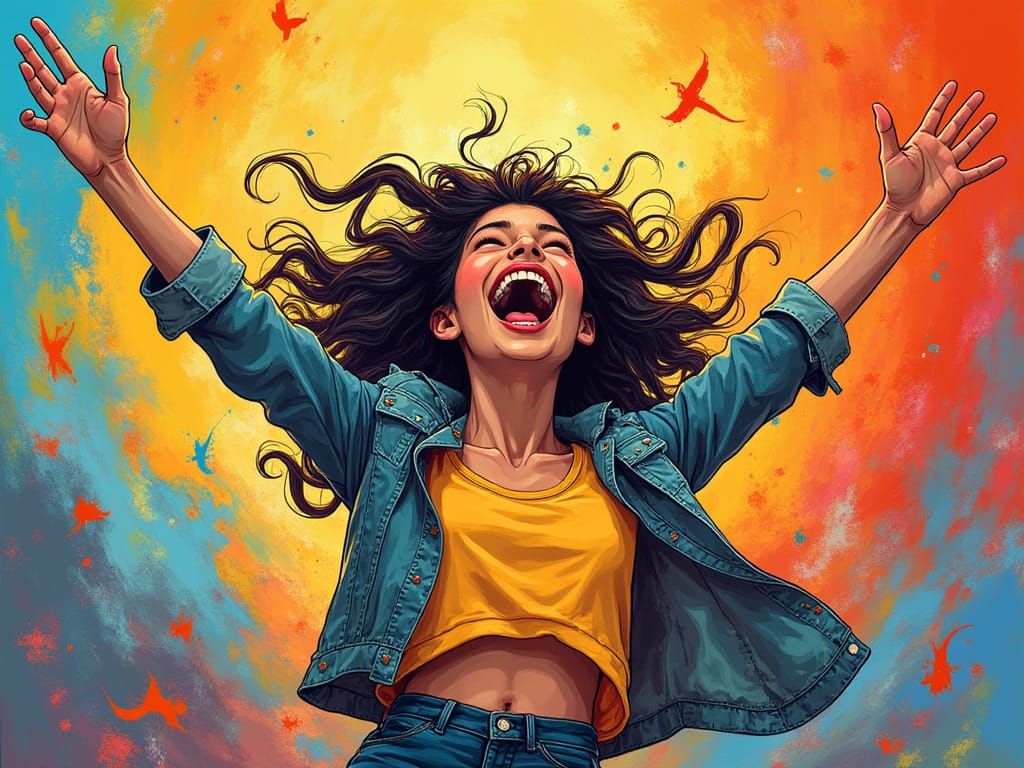 Joyful Young Woman in Vibrant Abstract World