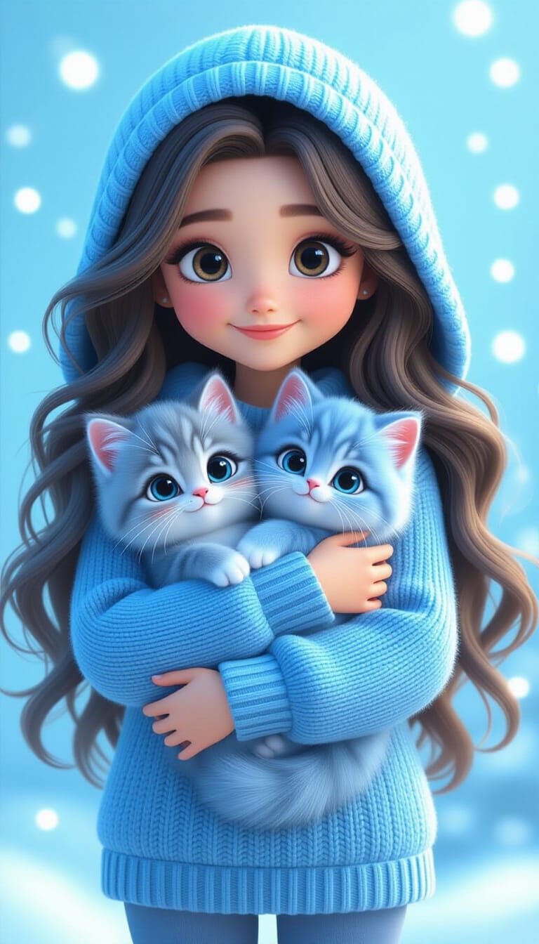 Cute Girl Hugs Kitten in Animated Children's Film Style