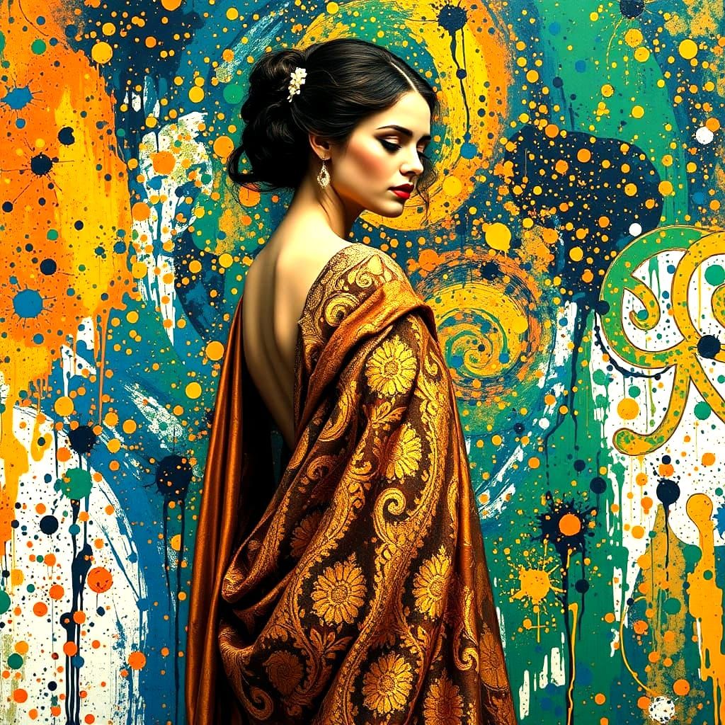 Woman in Opulent, Gold-Embroidered Attire in a Dynamic, Poll...