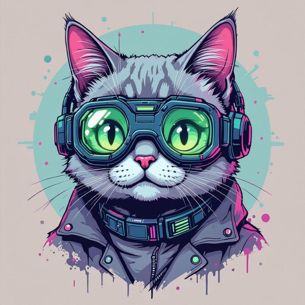 Pastel Goth Cat with Neon Goggles T-Shirt Design