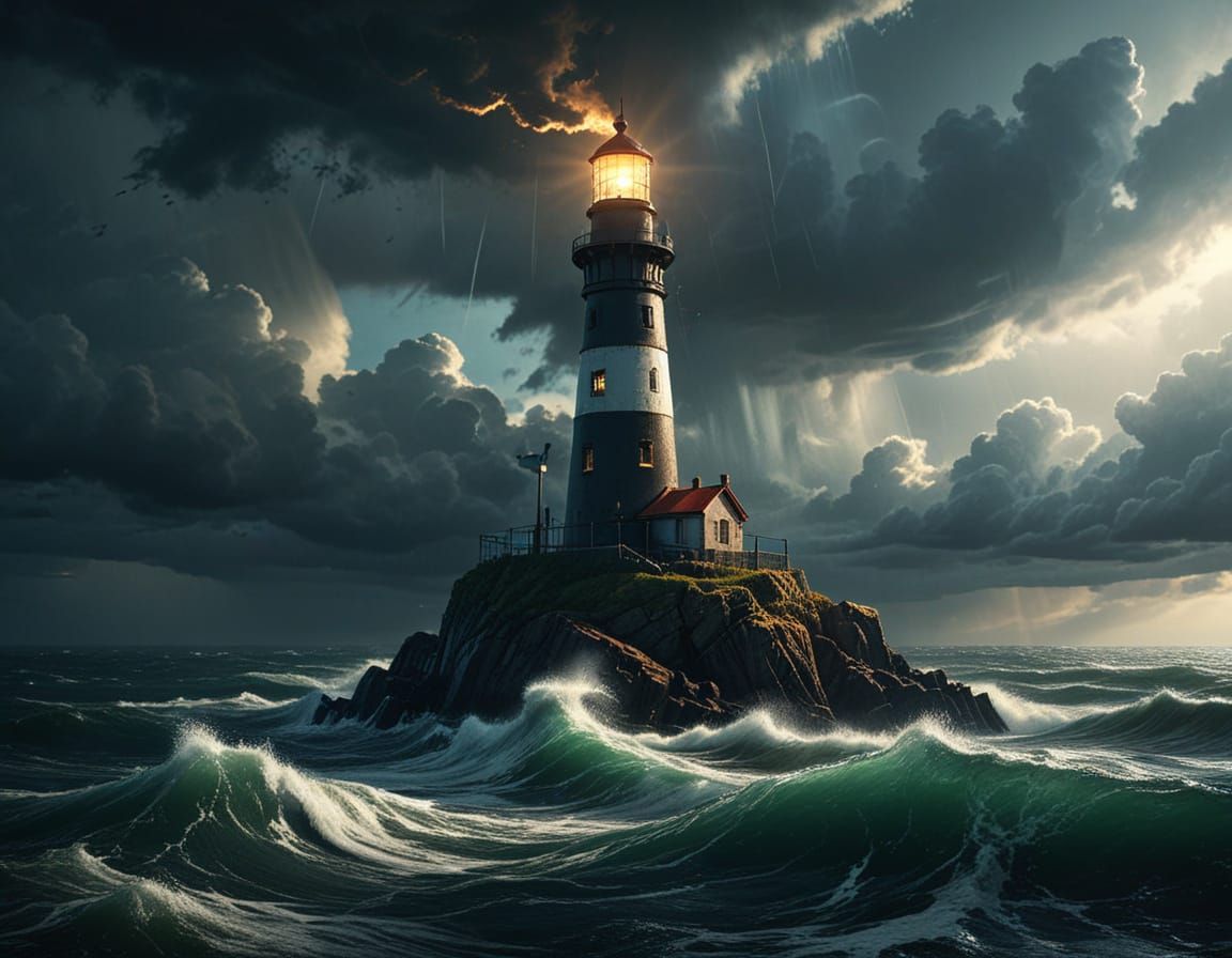 Concept Art: Lightbulb atop Lighthouse in Stormy Sea