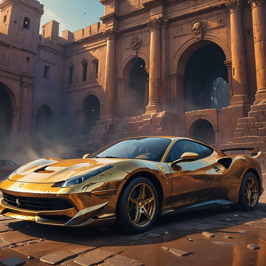 Golden Ferrari in Ancient Arena, Digital Matte Painting