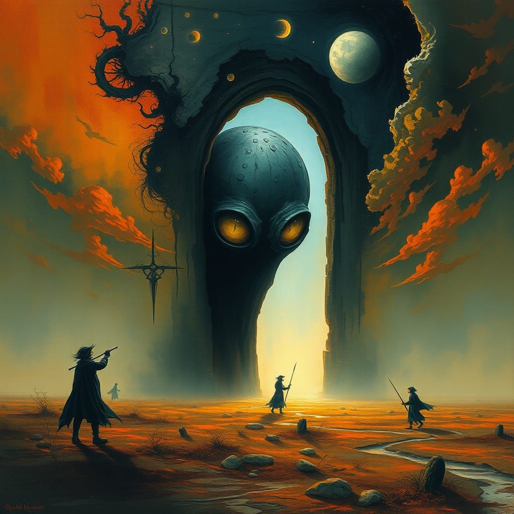 Surreal Gothic Landscape with Portal Inspired by Beksinski