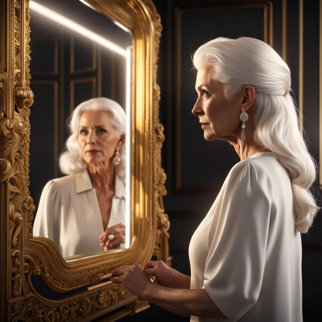 Elderly Woman's Reflection Reveals Youthful Image