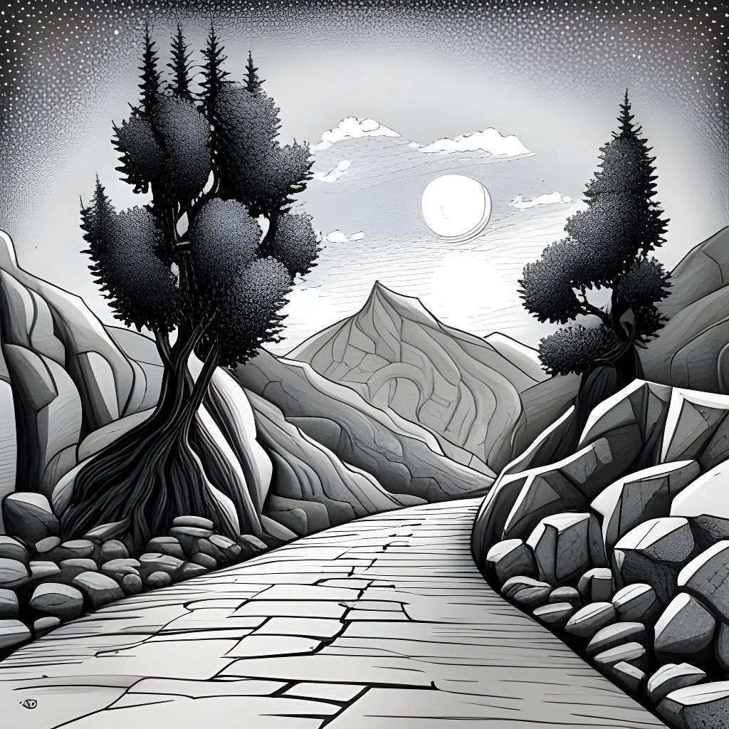 Stylized Juniper Trees and Starry Sky Fineliner Drawing