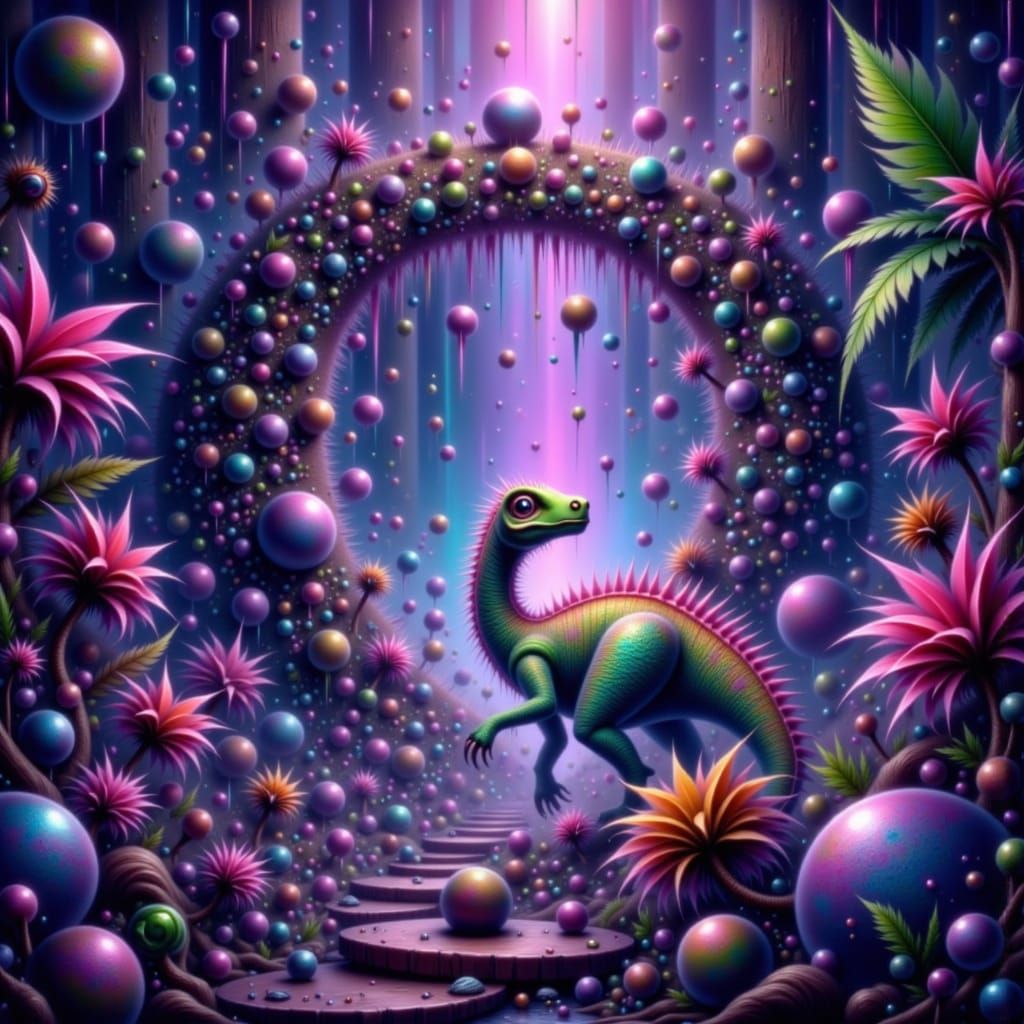 Dinosaur Stepping Through Portal in Fantasy Style