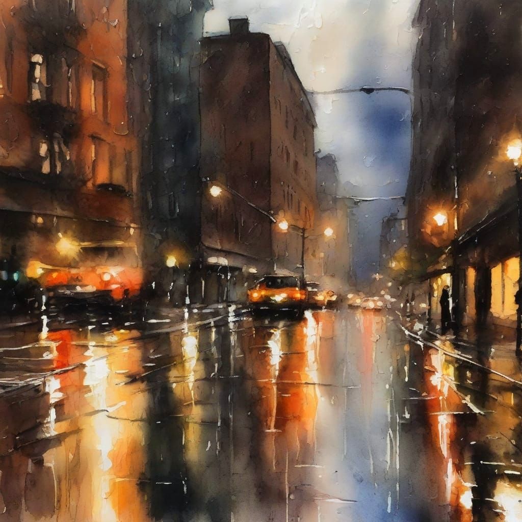 City Street in Rain: Watercolor & Ink Landscape