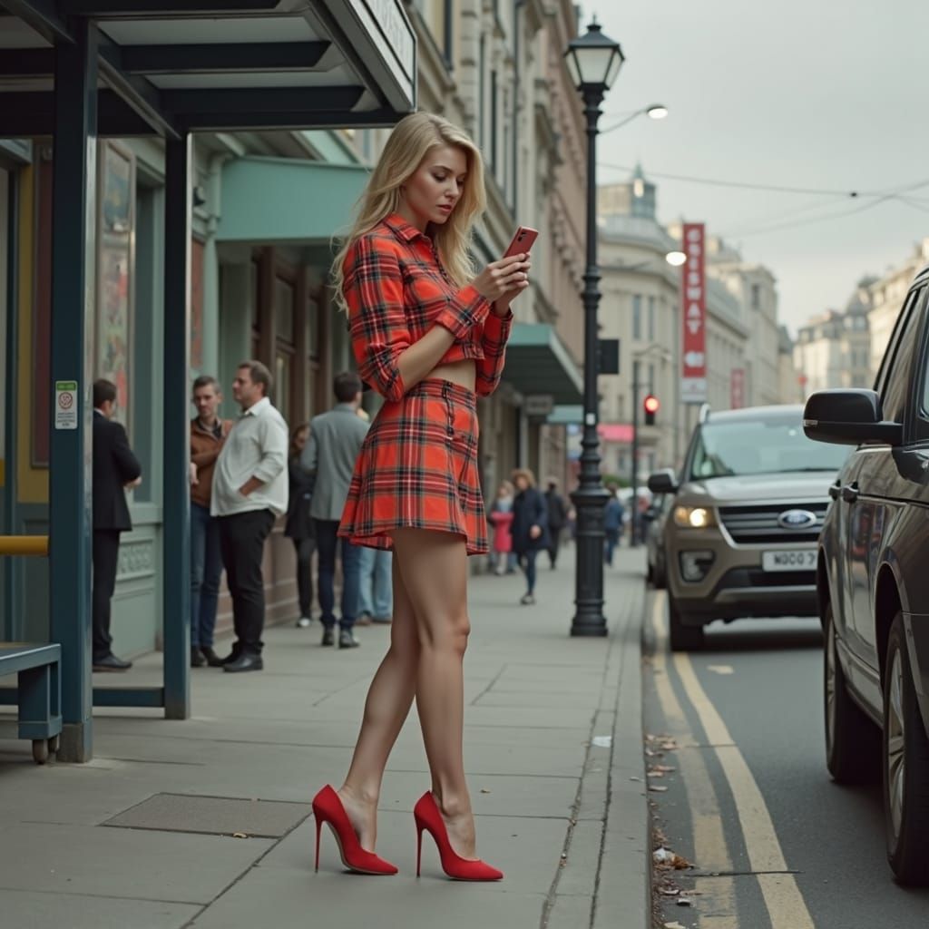 Hyperrealistic Blonde at Bus Stop in Urban Scene