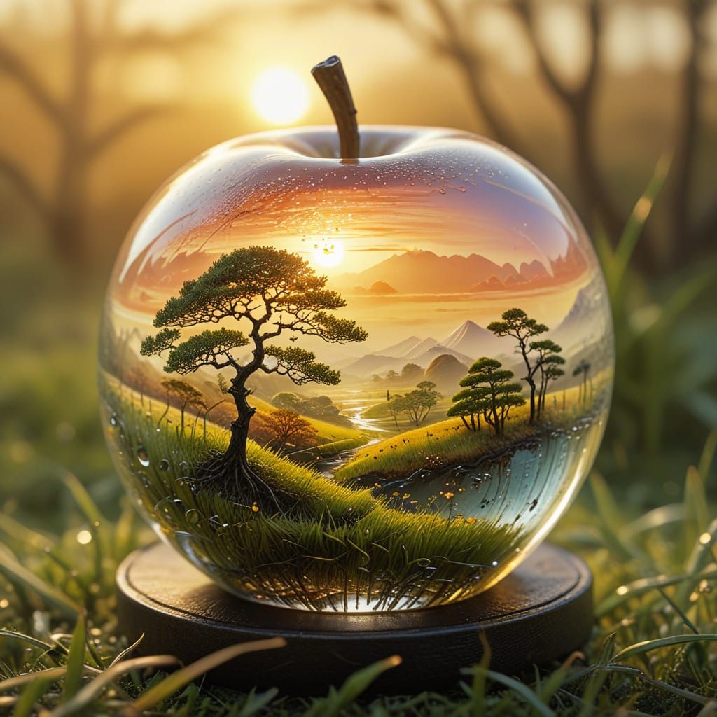 Japanese Landscape Inside Glass Apple: Surreal Oil Painting