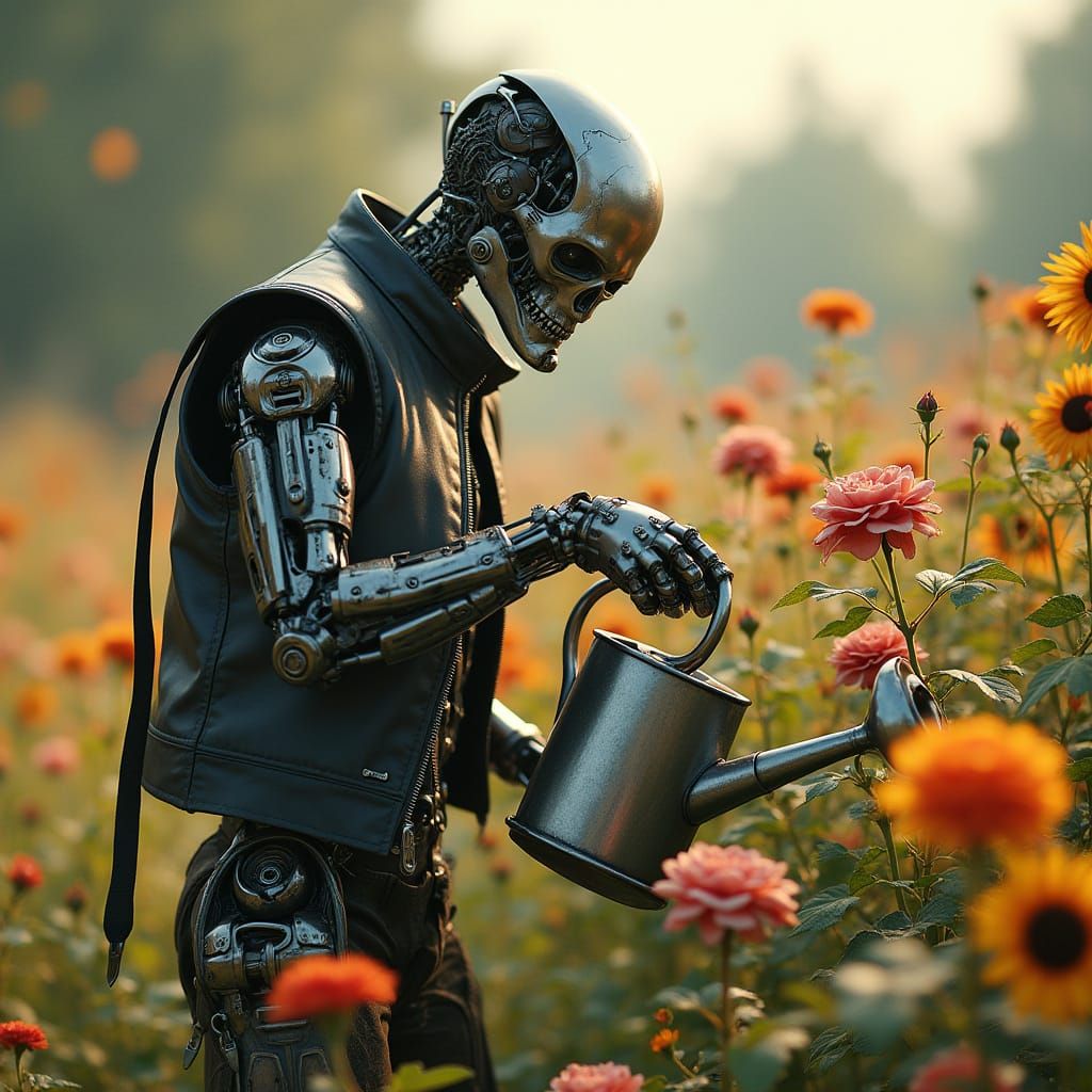Terminator Nurturing a Garden in Hyperrealistic Style