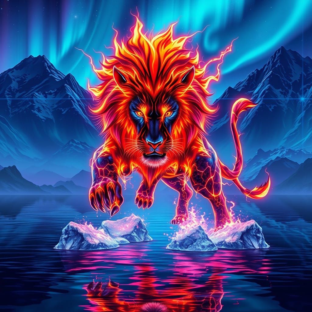 Majestic Fiery Lion Leaps through Cosmic Landscape in Neon-L...