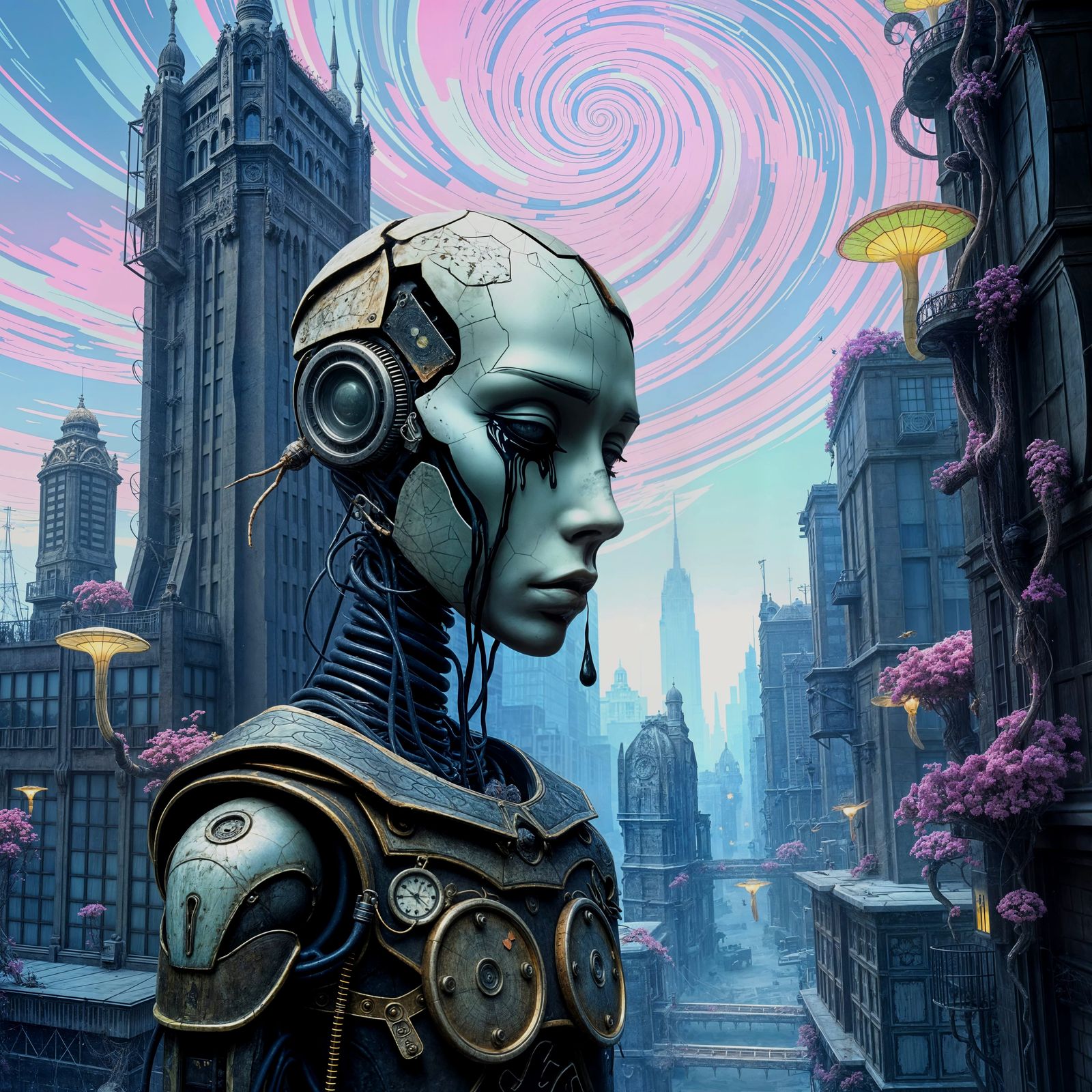 Android in Desolate Biomechanical Metropolis