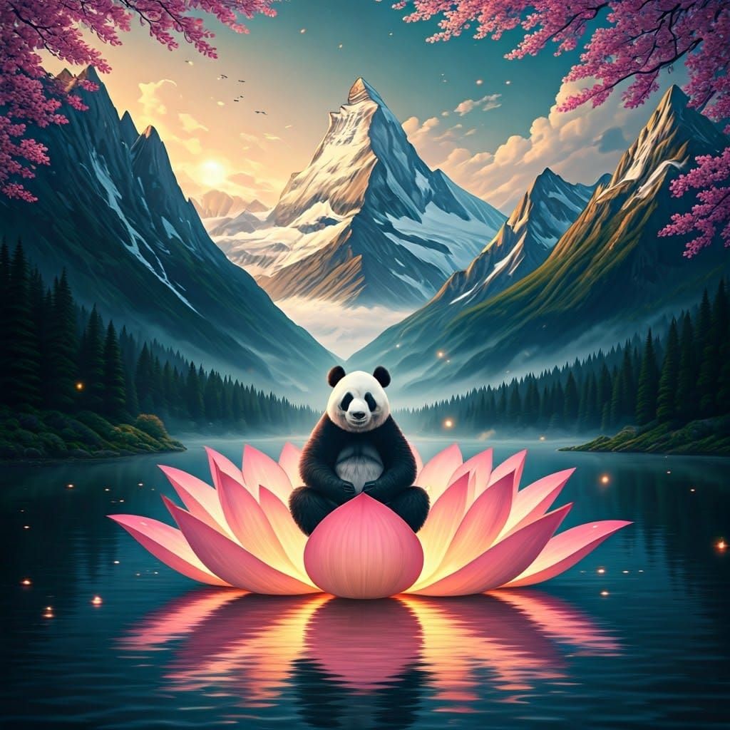 Panda in Serene Lotus Position on Glowing Lake