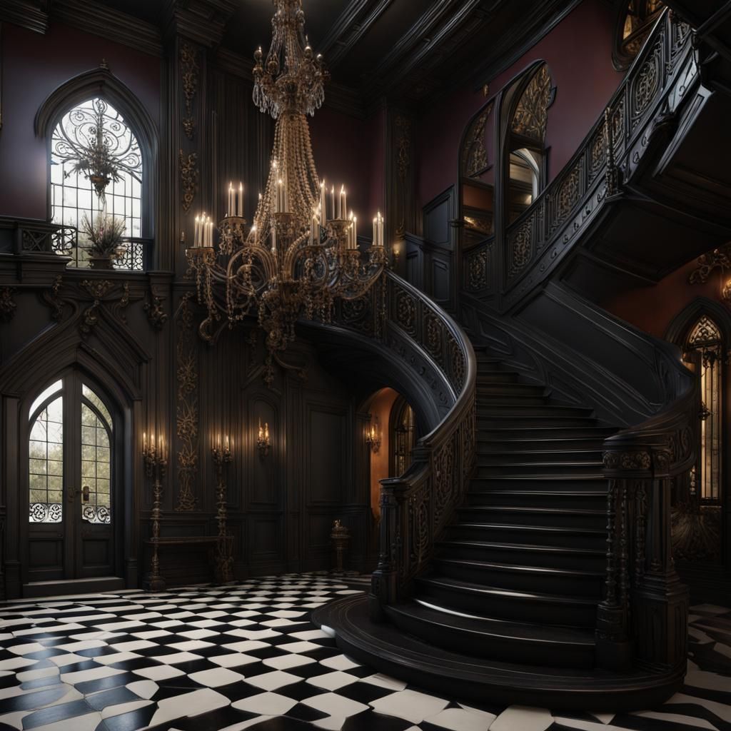 Gothic Grand Entryway with Vintage Chandelier