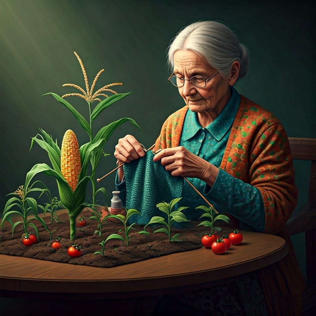 Fantasy Farmerwoman Knits Verdant Landscape