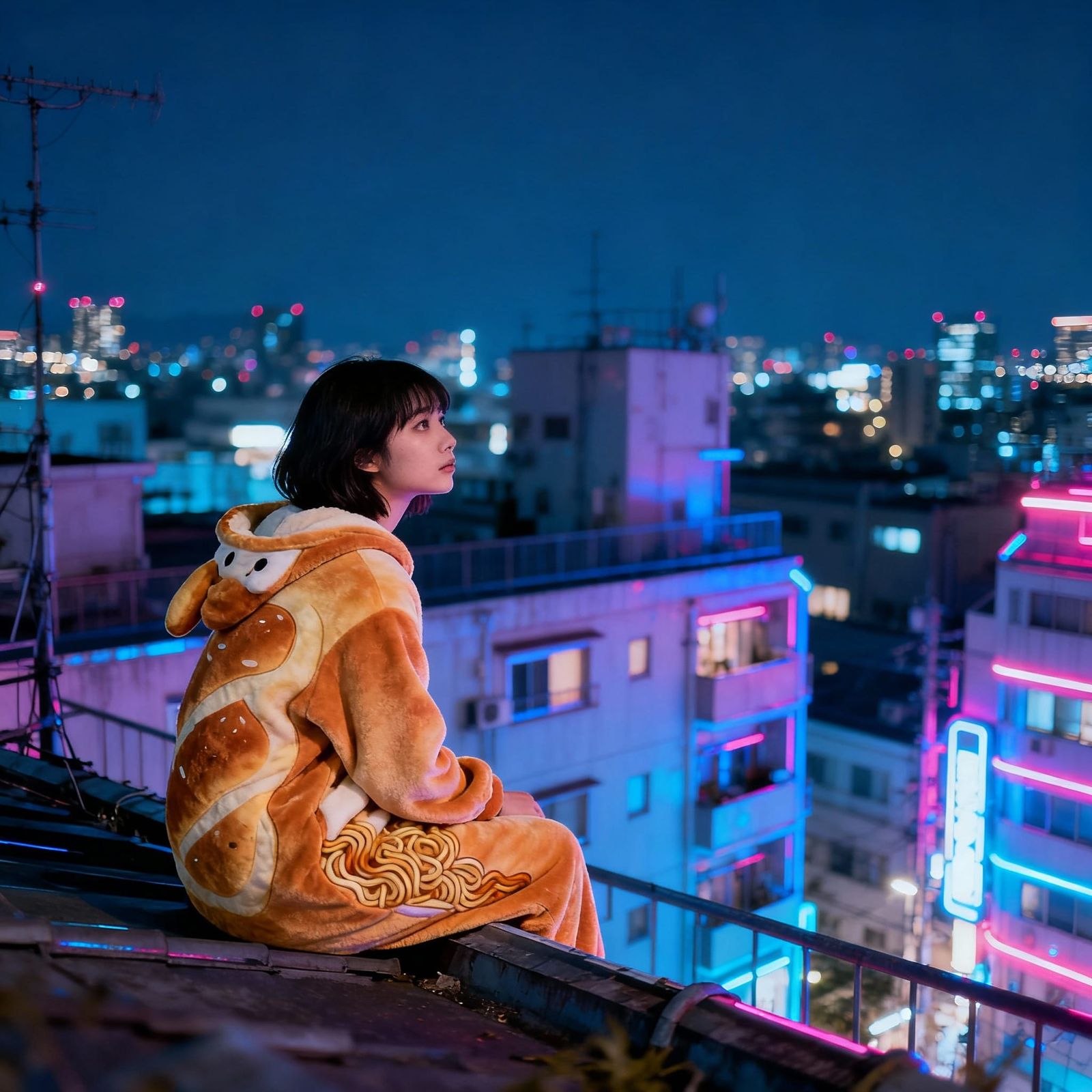Woman in Yakisoba Onesie Gazes at Neon Tokyo Rooftop