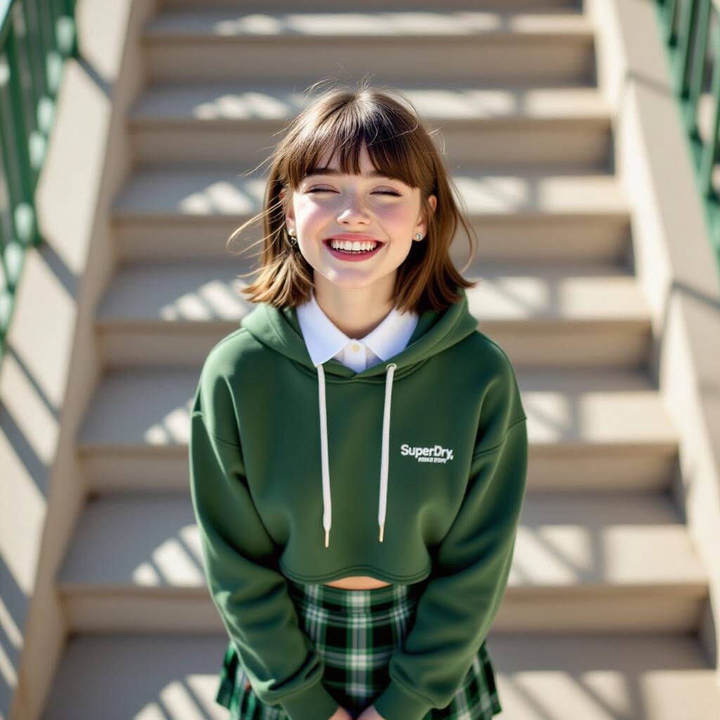 French Girl on Campus Stairs: Drone Photography