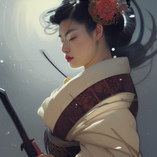 Fierce Geisha Warrior in Snowstorm: Digital Portrait