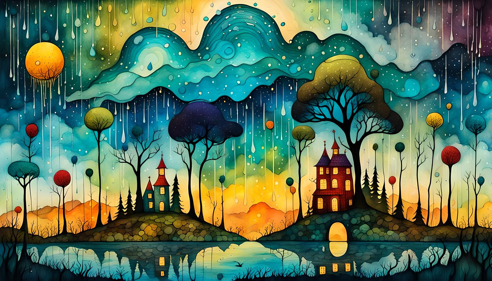 Abstract Wonderland Landscape in Mixed Media Style