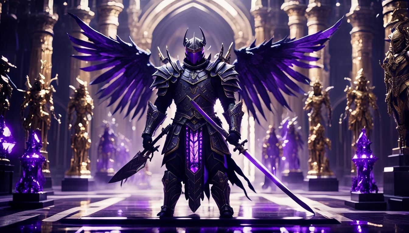 Winged Knight in Black Armor with Fiery Sword