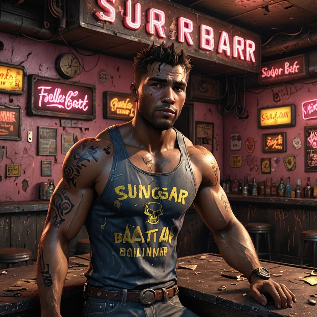 Abandoned Fallout Bar with Shirtless Man in 3D