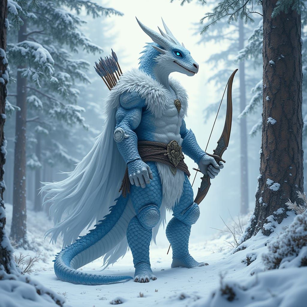 Majestic Dragonborn Guardian of the Pine Forest in Winter
