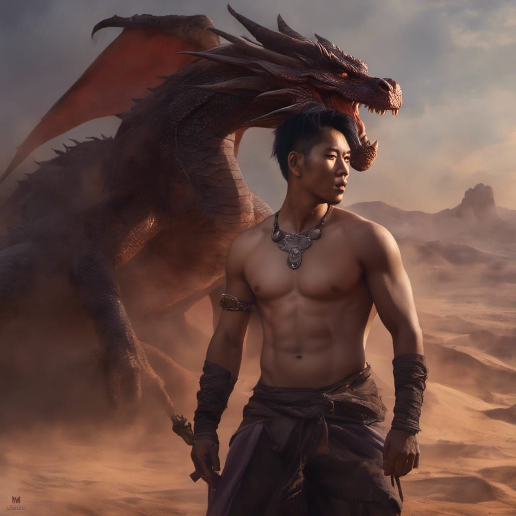 Asian Man and Dragon in Desert Landscape