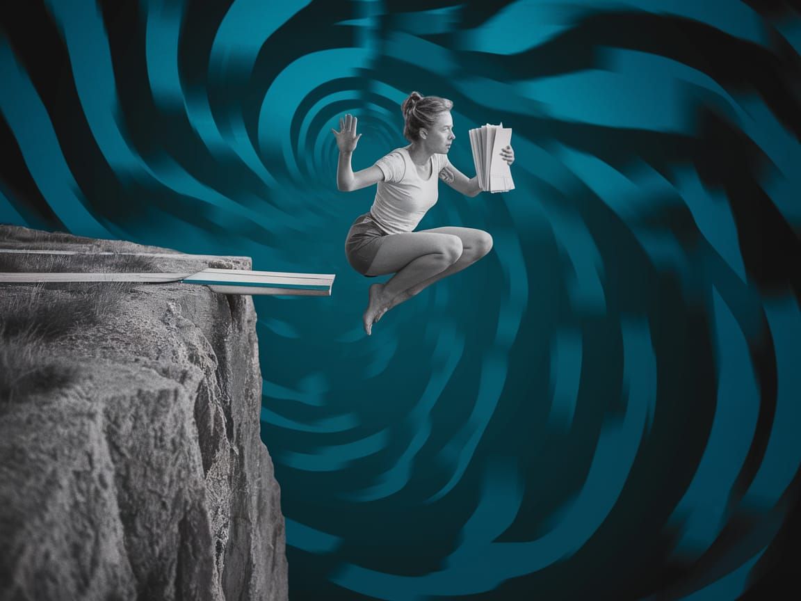 Posterized Vertigo Art: Woman Leaping from Cliff