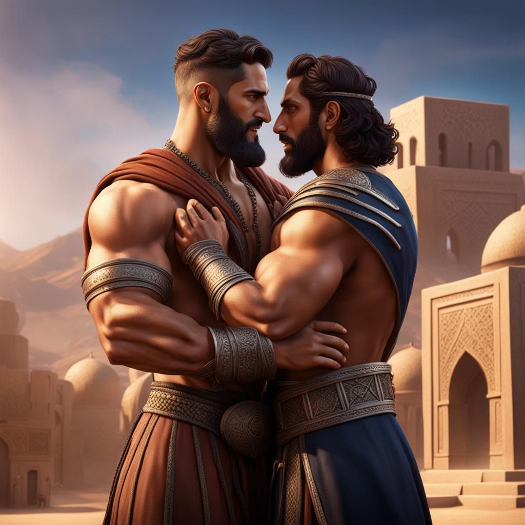 Detailed Painting of Jewish Man Hugging Arab Man