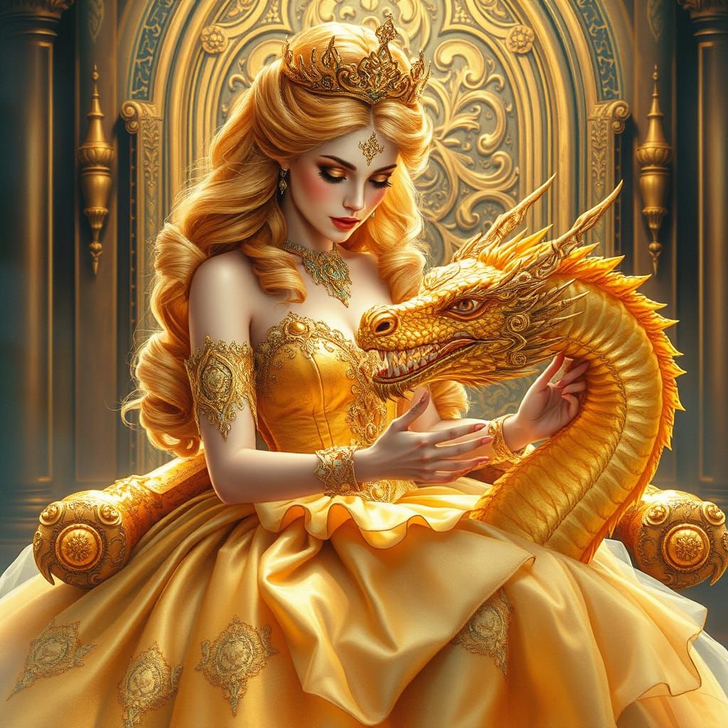 Golden Queen and Dragon in Opulent Throne Room