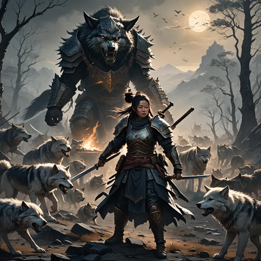 Female Dwarf Samurai in Dark Fantasy Landscape