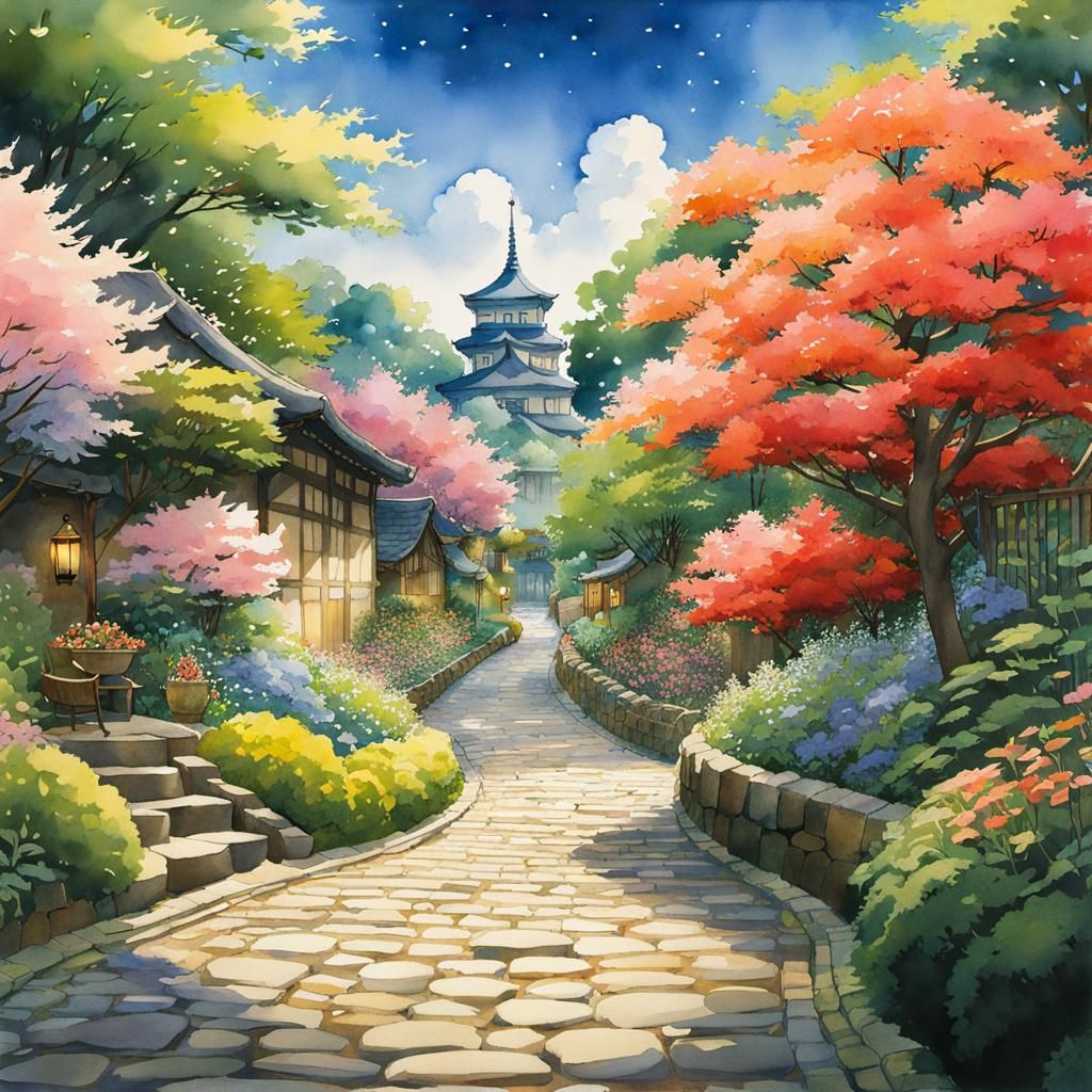 Romantic Anime Garden Scene in Watercolor Style