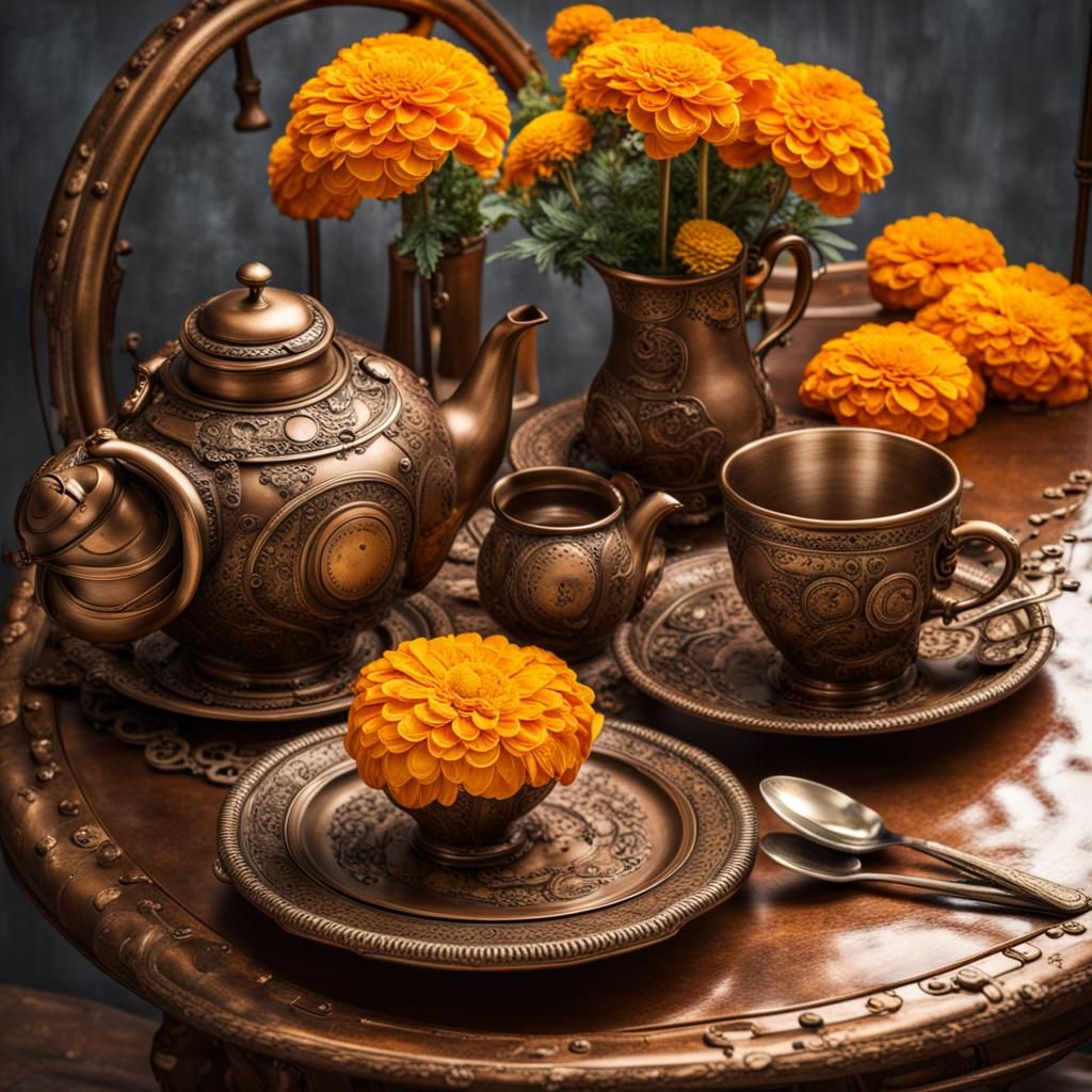 Steampunk Tea Set with Marigolds