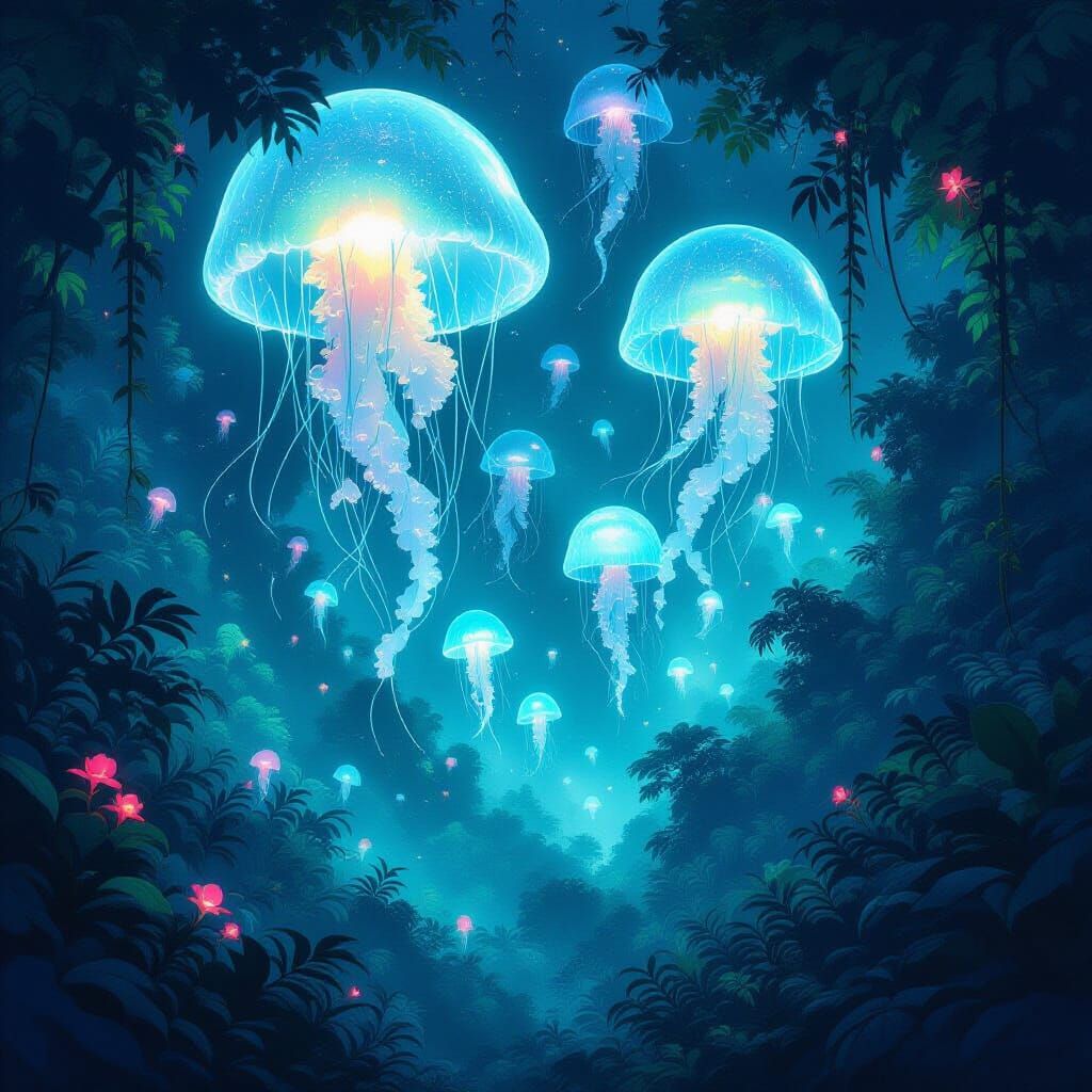 Bioluminescent Jungle With Floating Jellyfish Creatures