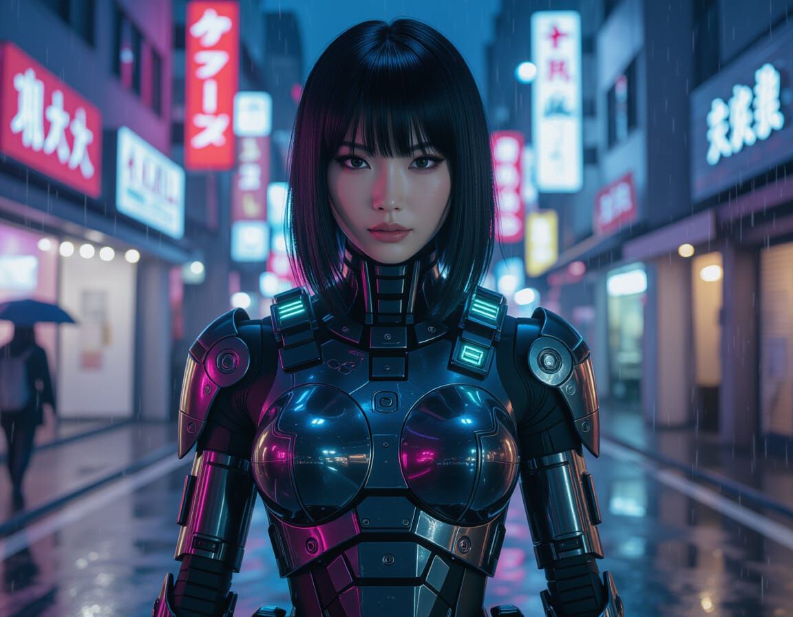 Cyberpunk Android Police Officer in Neon Tokyo